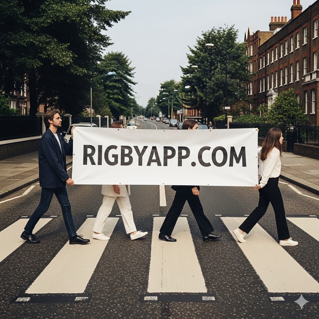 Four people crossing Abbey Road holding a RIGBYAPP.COM banner